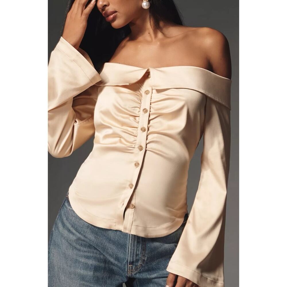 NEW by Anthropologie Off The Shoulder Collared Silky Shirt in Ivory Womens Small